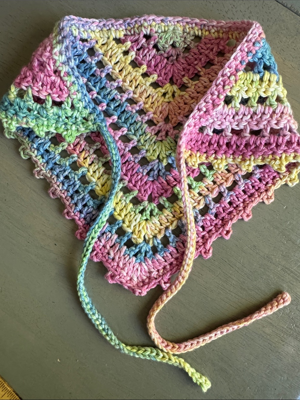 Handmade Crocheted Bandana Hair Scarf Kerchief in Pastel Rainbow 100% Cotton - Picture 6 of 7